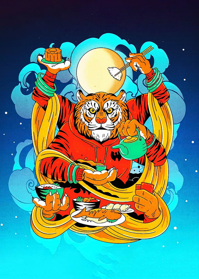 Tiger enjoying a meal under the moon