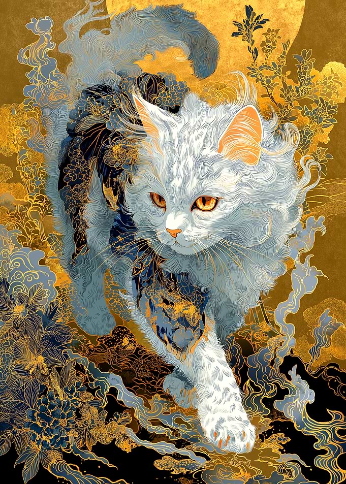 Elegant Cat Art with Floral Accents
