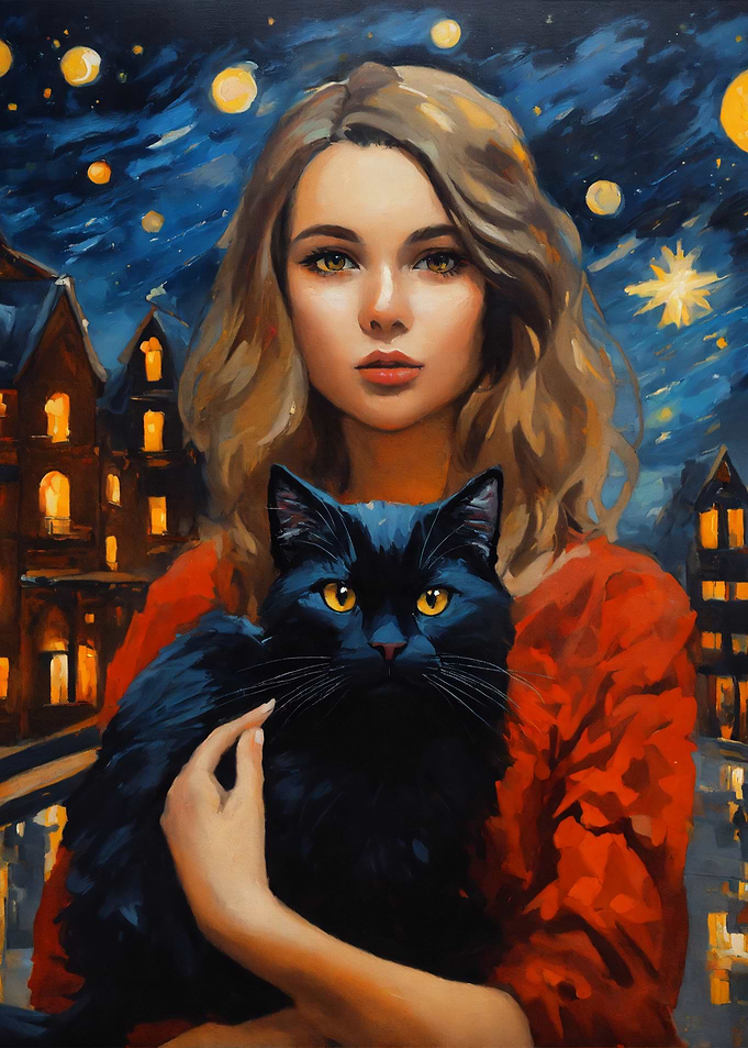 Woman with Black Cat Painting
