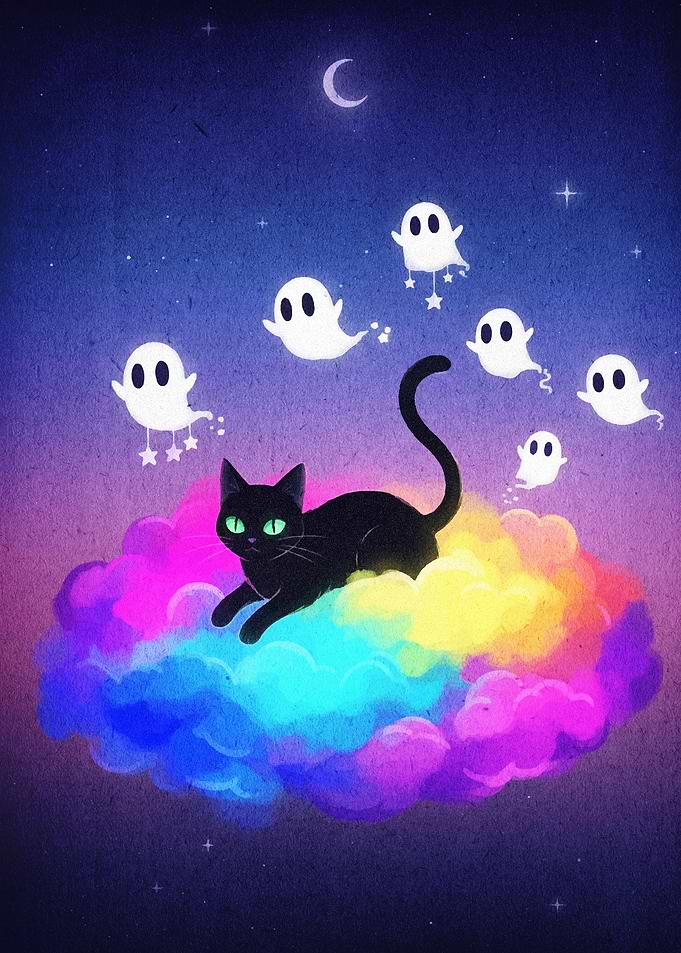 Black Cat on Rainbow Cloud with Ghosts