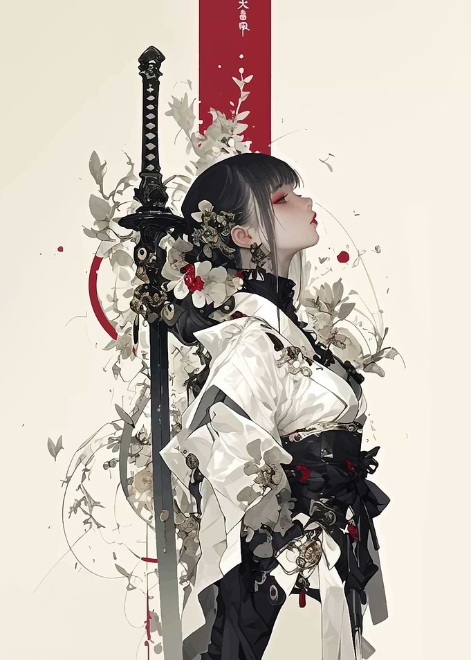 Samurai Girl with Katana and Flowers