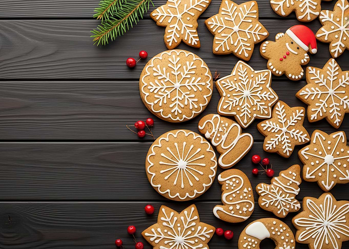 Christmas Gingerbread Cookies on Dark Wood