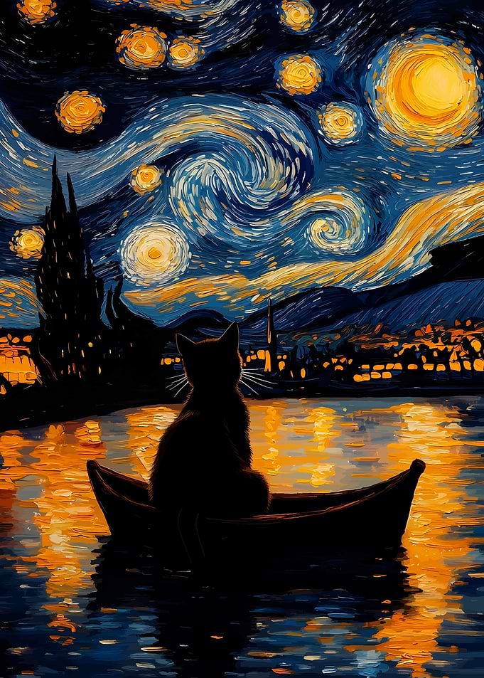 Cat in Boat, Starry Night Style