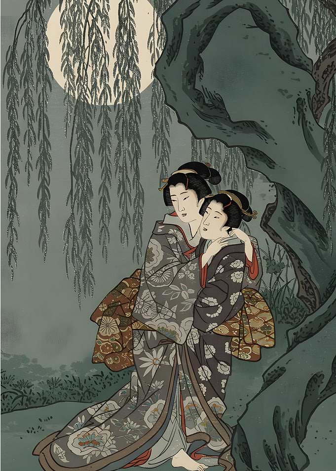 Two women under willow tree, Ukiyo-e