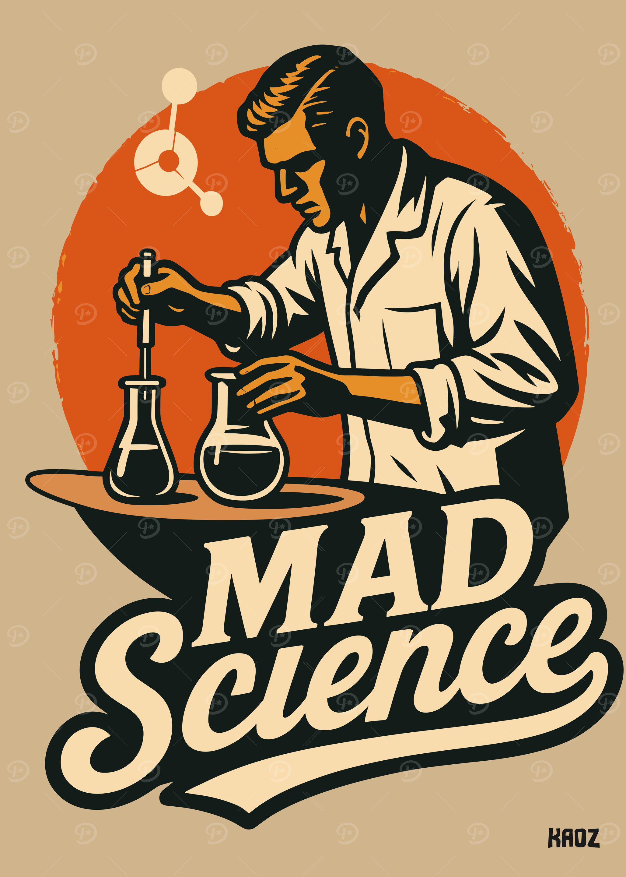Mad Science Illustration with Scientist and Beakers