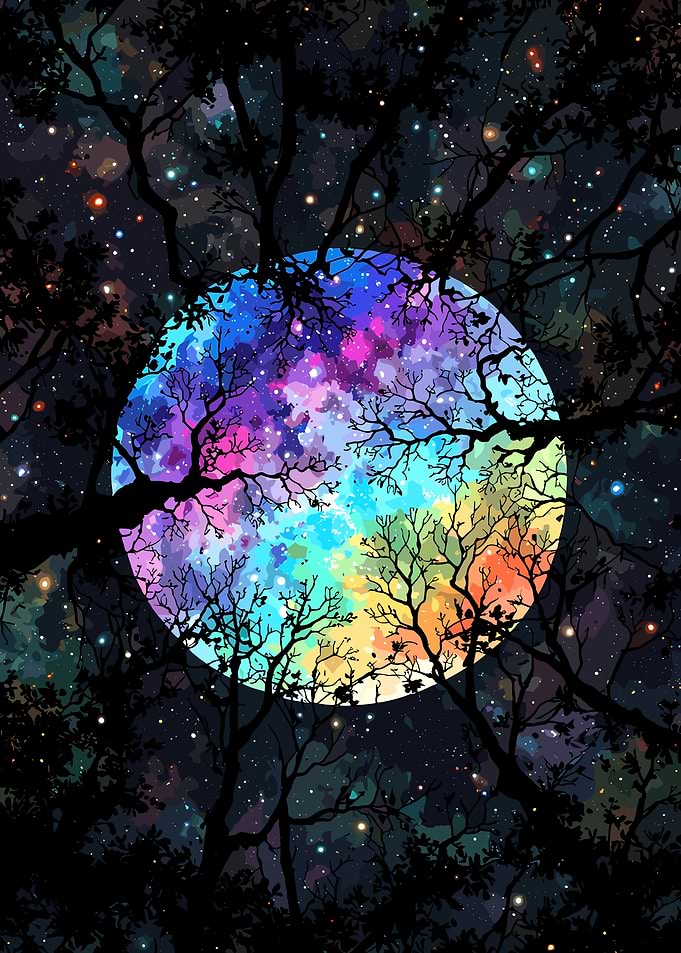 Colorful Galaxy Moon Through Trees