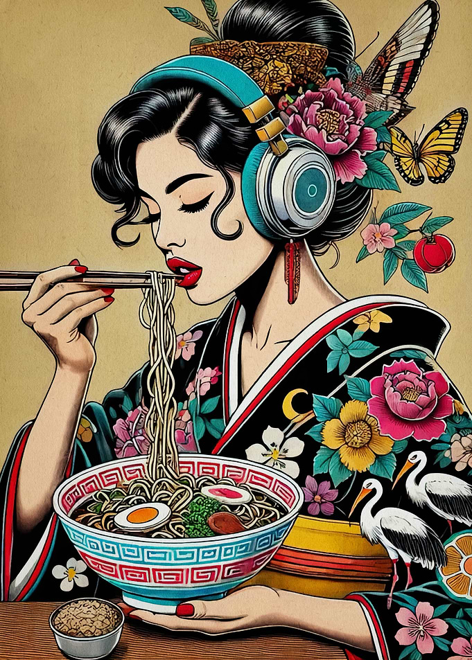 Geisha with Headphones Eating Ramen