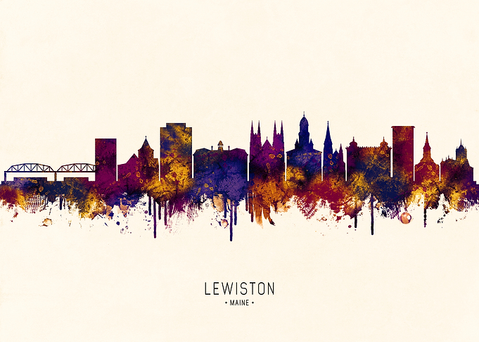 Lewiston Maine Skyline Watercolor Silhouette