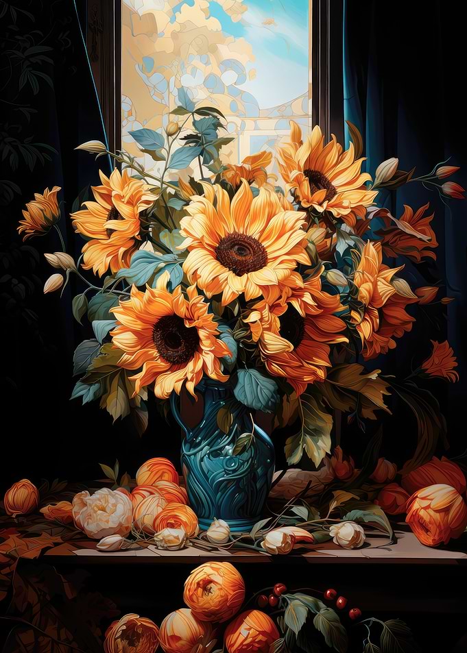 Sunflower Still Life with Blue Vase