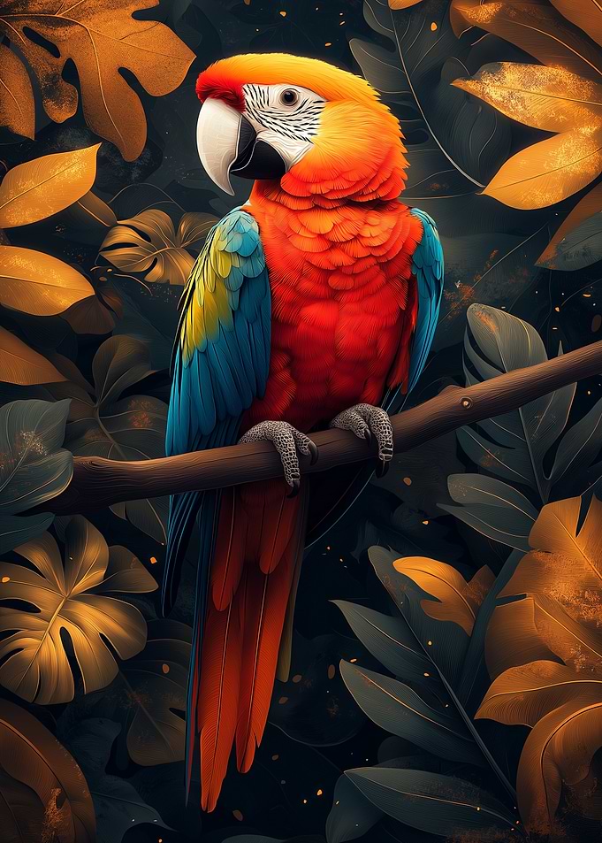 A vibrant red macaw perched on a leafy branch