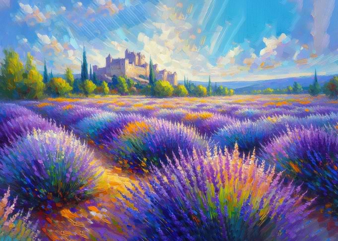 Lavender Field with Castle Painting