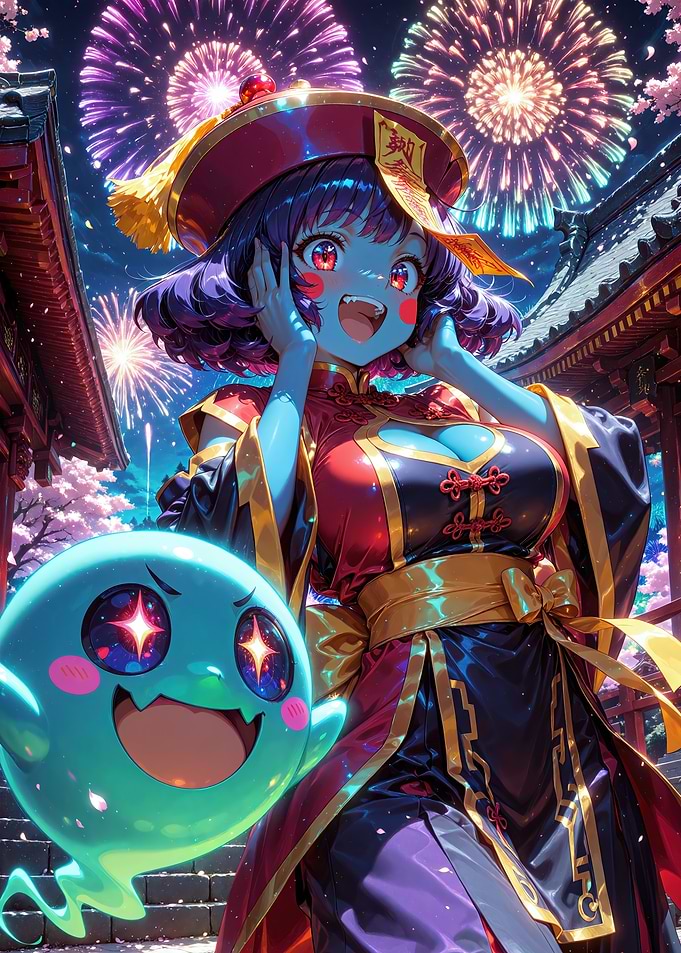 Anime Girl with Ghost and Fireworks