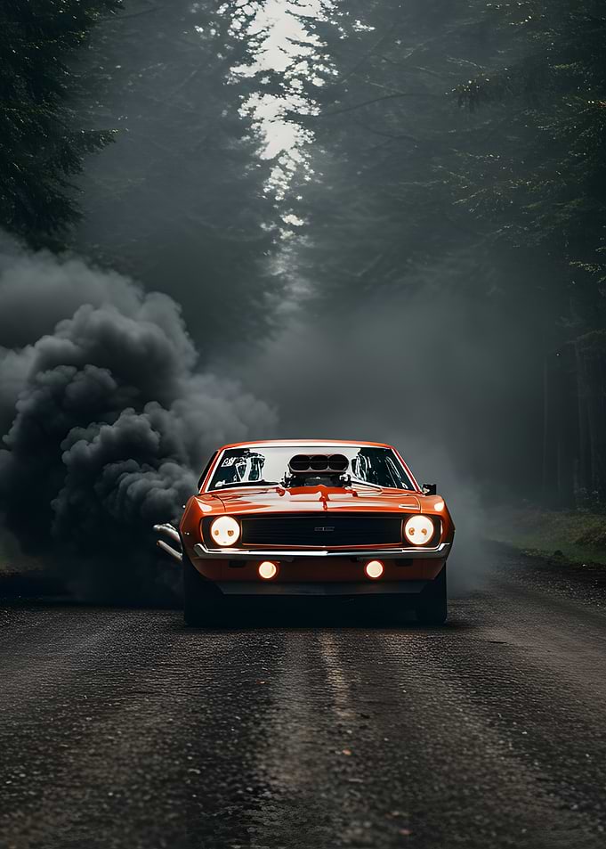 Orange Muscle Car in Smoky Forest