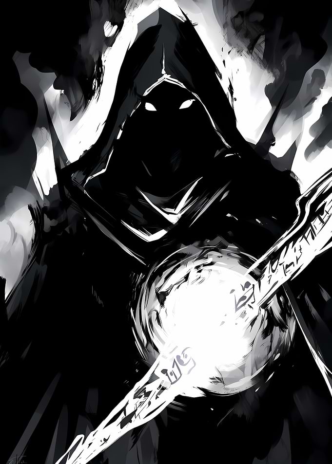 Dark hooded figure with glowing orb
