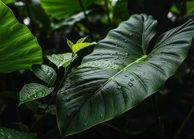 Lush Green Leaves with Water Droplets