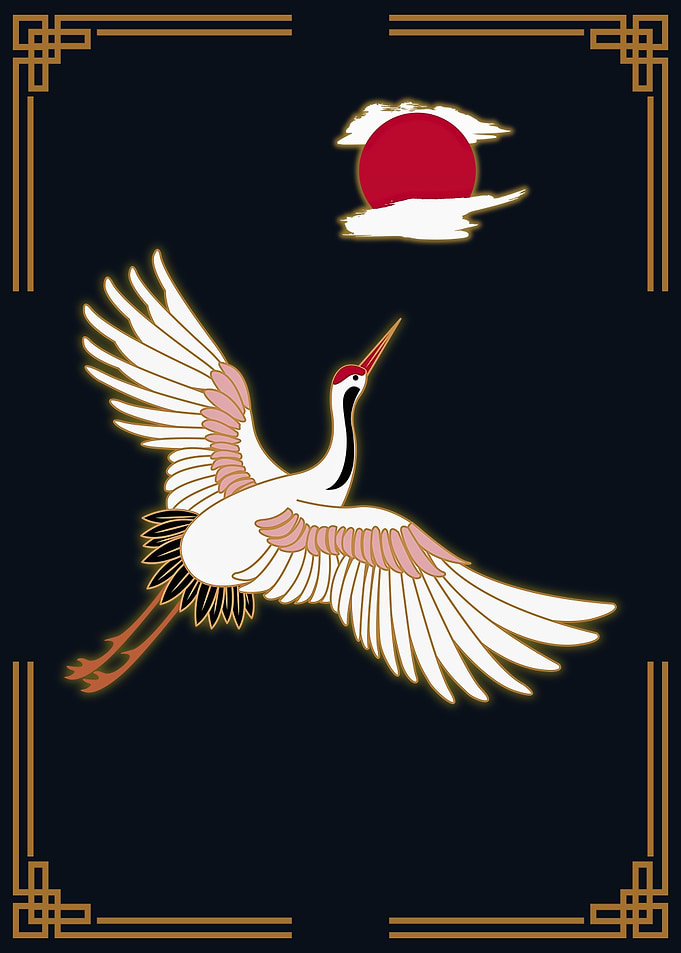 Japanese Crane and Rising Sun Art