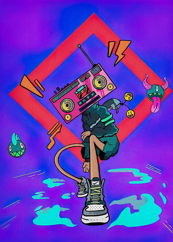 Radio Head Character with Cartoon Elements