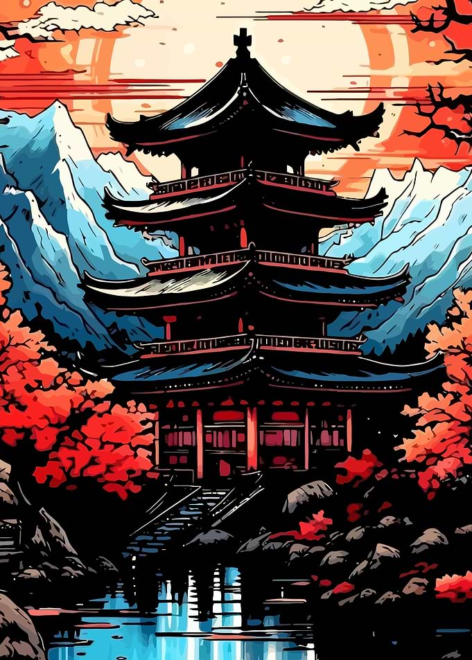 Japanese Temple Landscape Digital Art