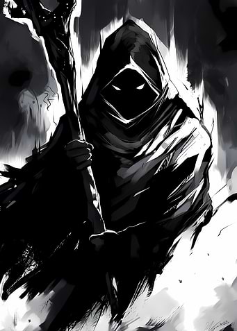 Dark hooded figure with staff