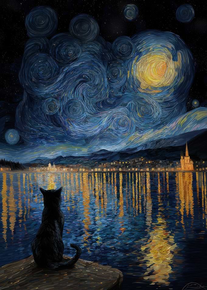 Black Cat Starry Night Painting