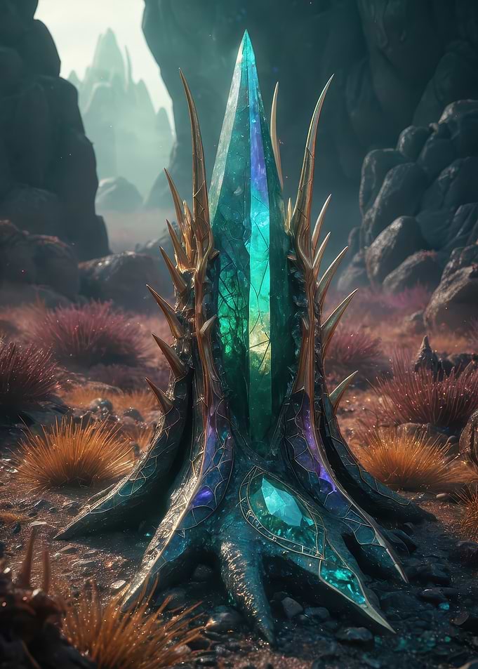 Enchanted Teal Crystal Obelisk with Golden Spines