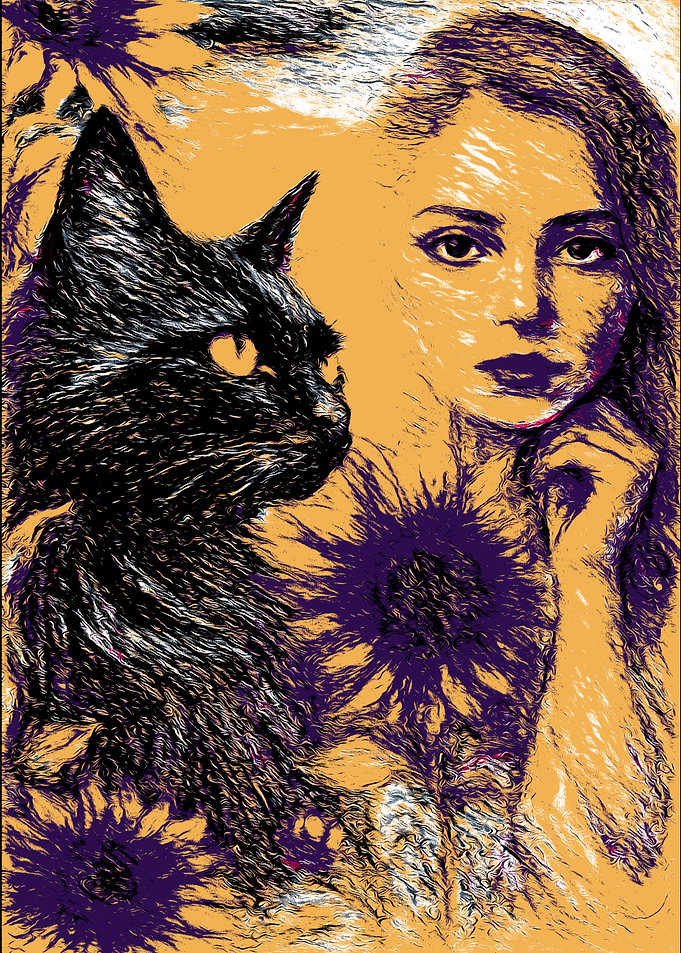 Woman and Black Cat Digital Art