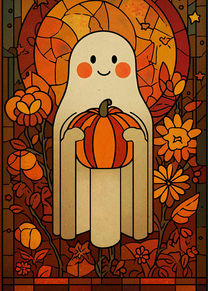 Cute Ghost Holding Pumpkin Art