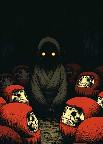 Daruma Dolls and Hooded Figure