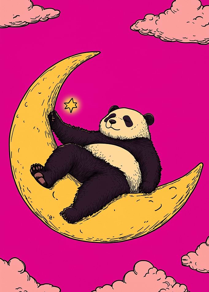A cute panda lounging on a crescent moon