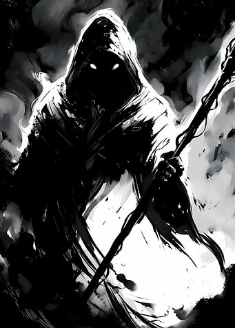 Monochrome hooded figure with staff
