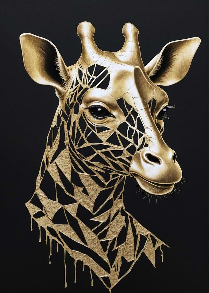 Golden Giraffe Portrait on Black Background