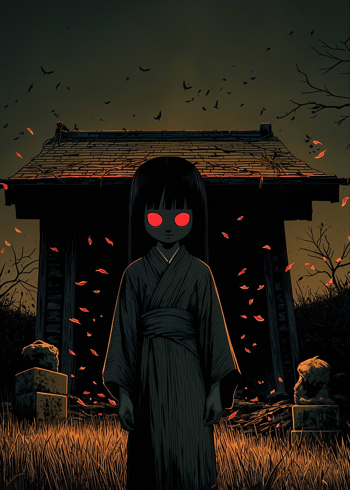Japanese Ghost Girl with Red Eyes
