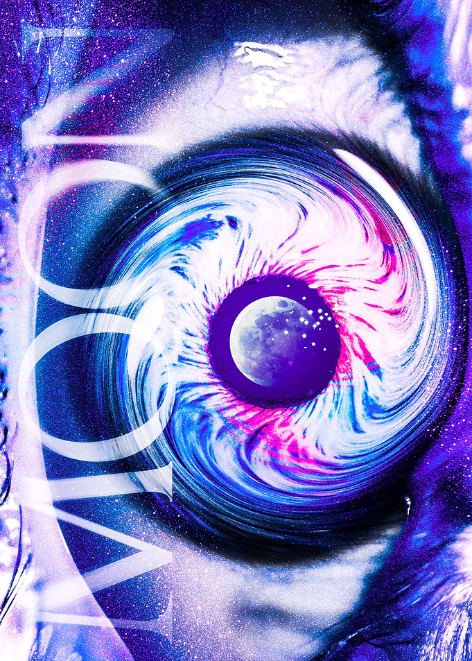 Cosmic Eye with Moon and Galaxy