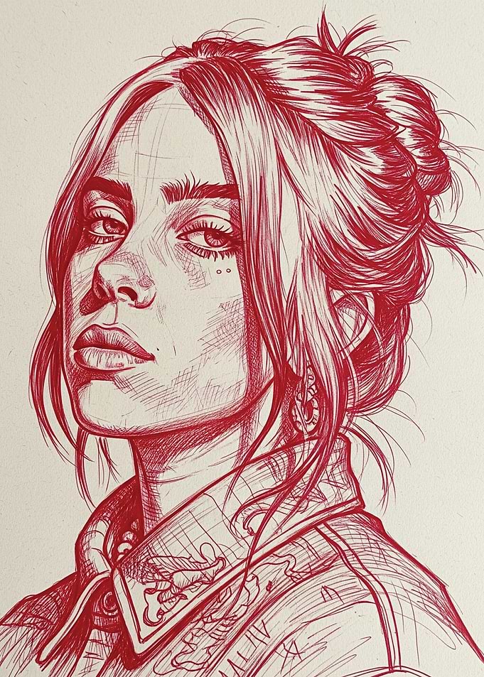 Billie Eilish Red Ink Portrait