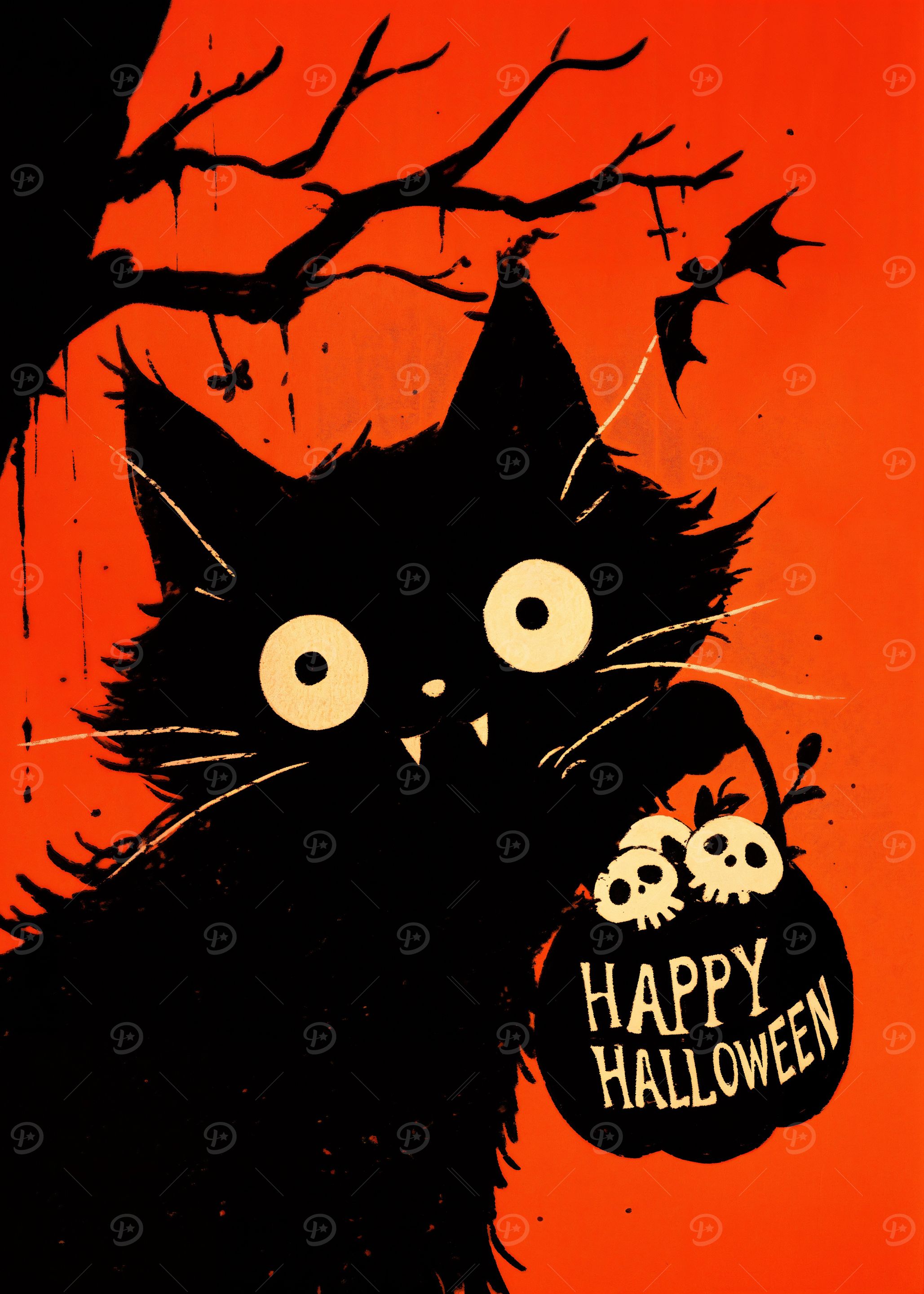 Retro Happy Halloween Black Cat