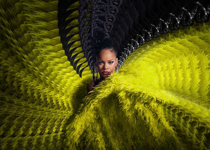 rihanna in yellow fur and braids