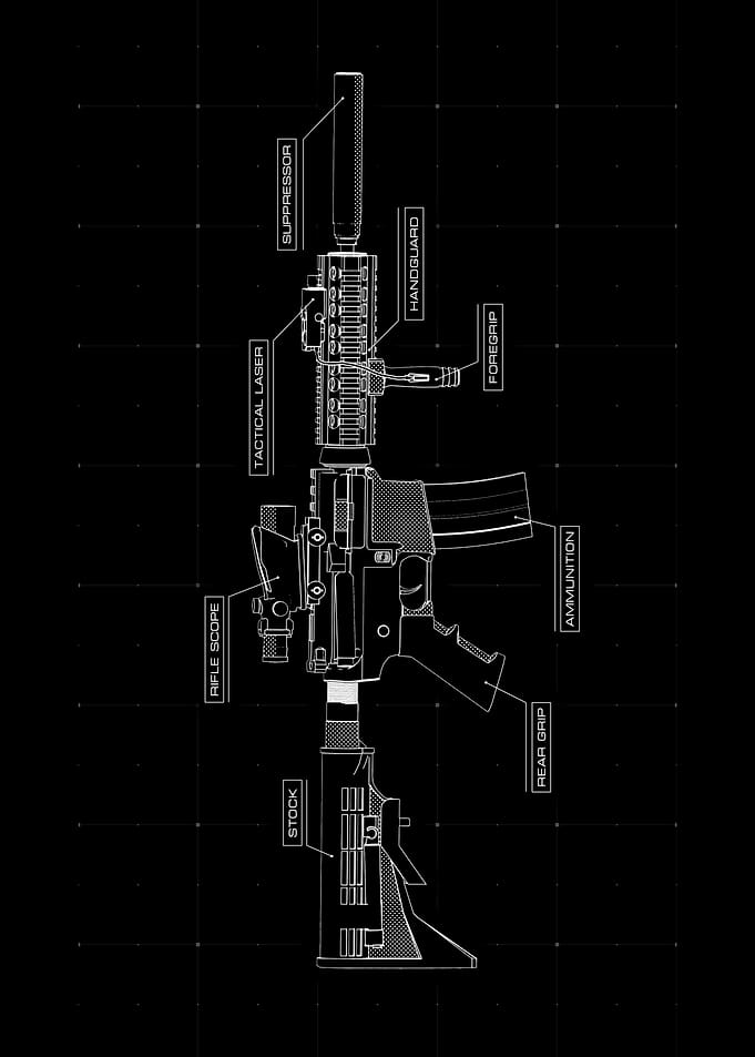 Rifle Blueprint on Black Background
