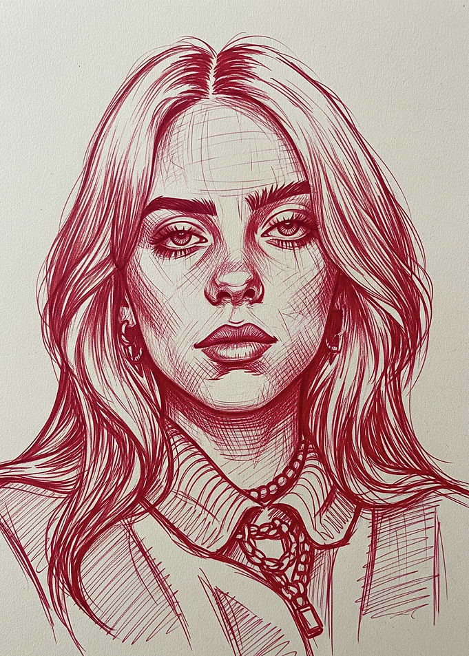 Billie Eilish Portrait in Red Ink