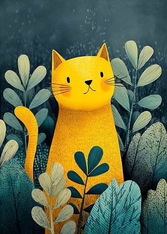 Yellow Cat in Teal Foliage
