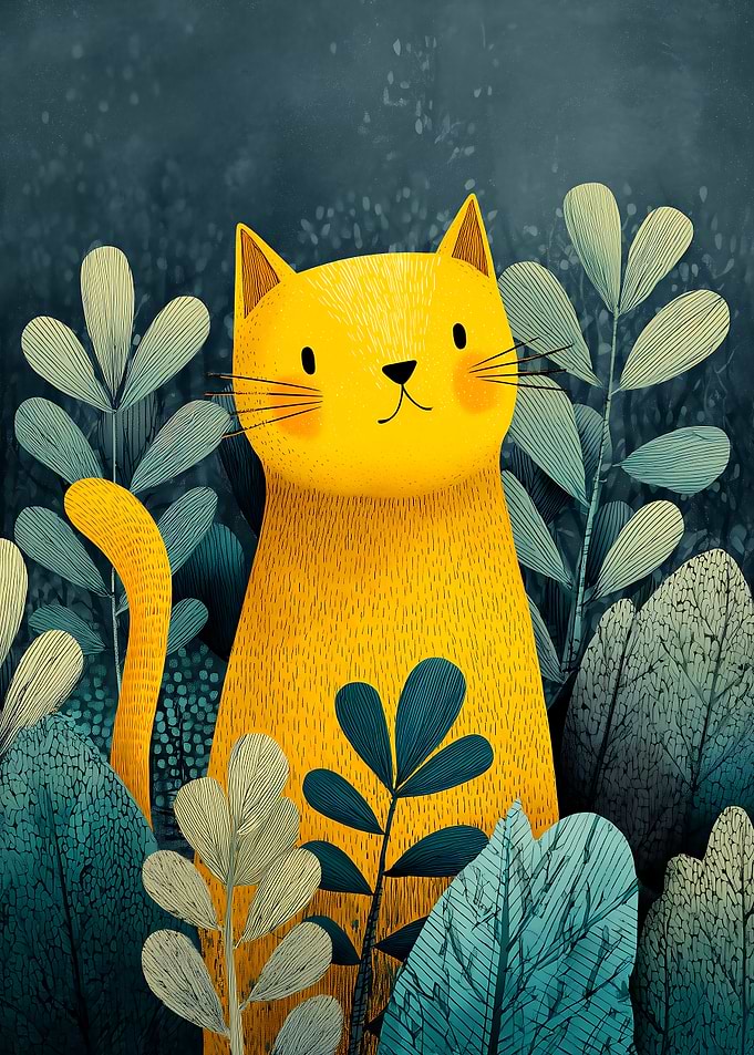 Yellow Cat in Teal Foliage