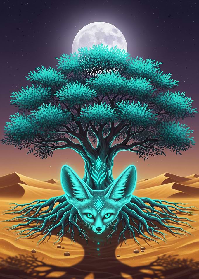 Mystical Fox and Tree in Desert