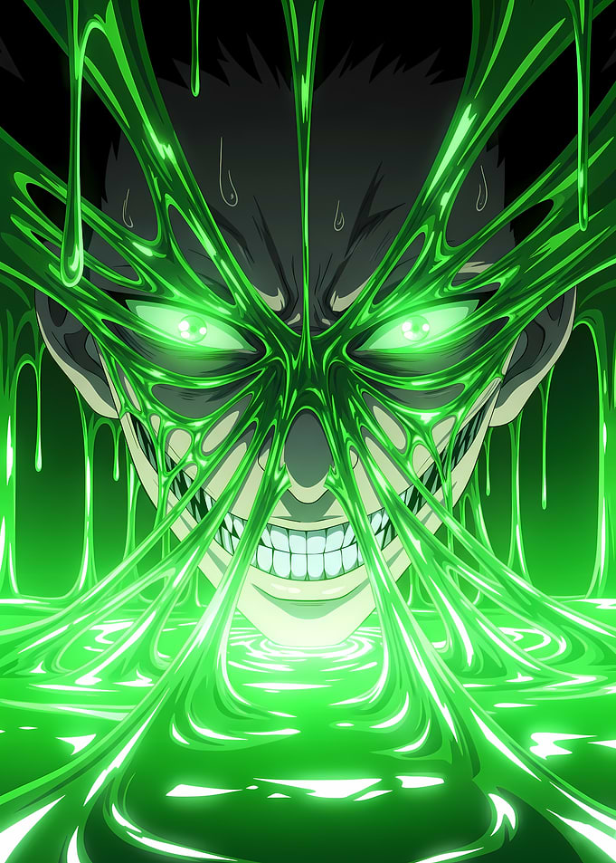Neon Anime Horror Face Beneath Glowing Liquid – Glow in the Dark Art