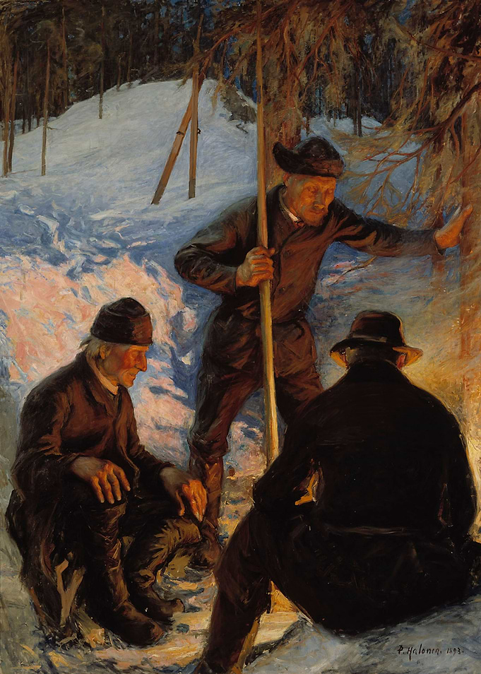 Three Men in a Snowy Landscape