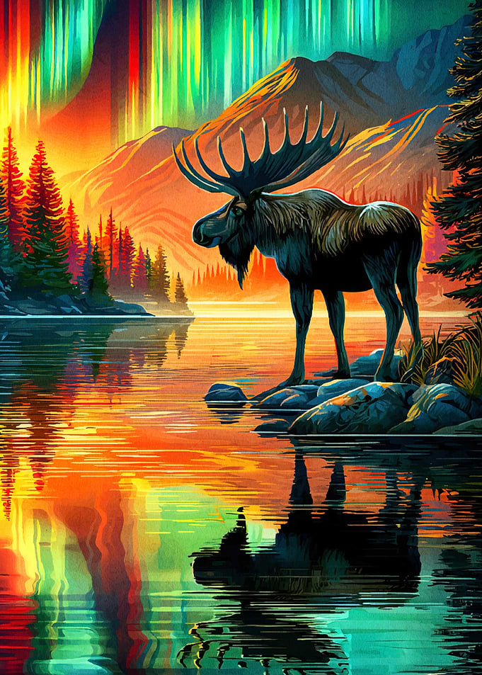 Moose by Lake Aurora Borealis