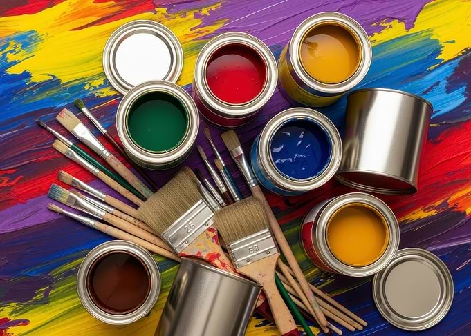 Paint Cans and Brushes on Colorful Background