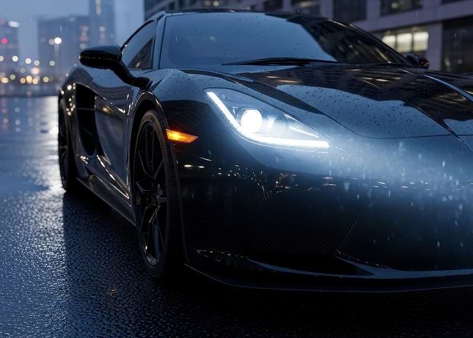 Sleek Black Car in Rainy Cityscape