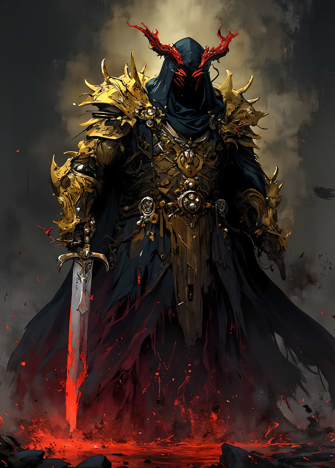 Golden armored warrior with red sword