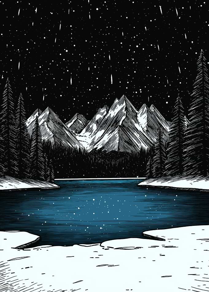 A breathtaking snow-covered landscape with a starry sky