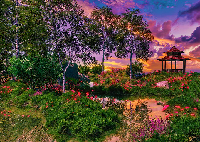 Japanese Garden with Pagoda at Sunset