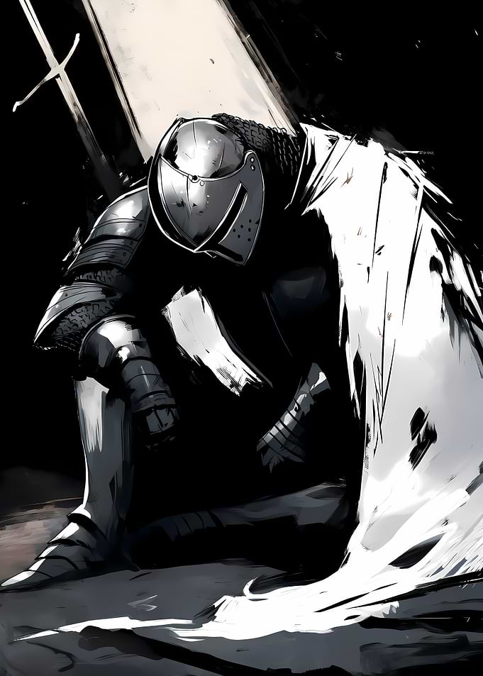 Kneeling Knight in Black and White